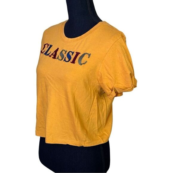 Vibe N’ Cropped Short Sleeve Top Mustard Yellow Embroidered CLASSIC across the f - Picture 3 of 6